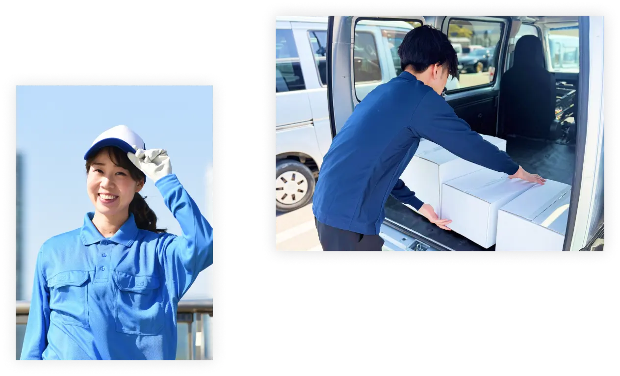 笑顔の女性ドライバーと軽バンへ荷物を積み込む様子